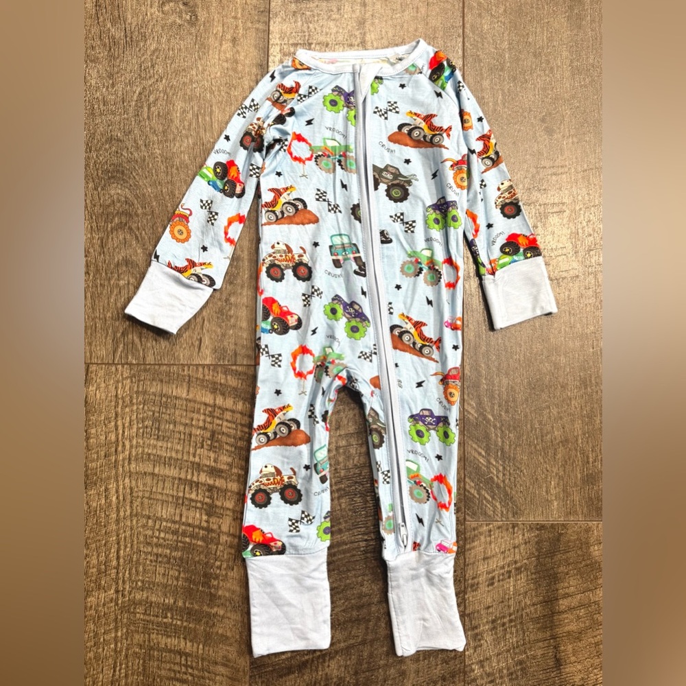 Baby Boy Bamboo Monster Truck Print Zipper Sleeper 6-12m